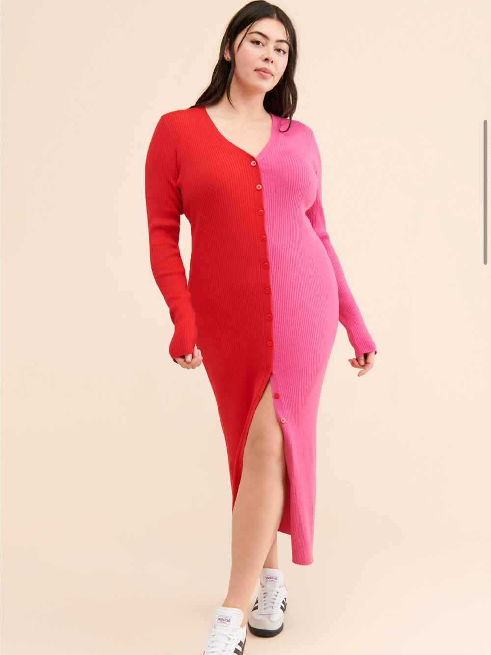 Colorblock Ribbed Button-Front Midi Dress — Red & Pink - Picture 3 of 5
